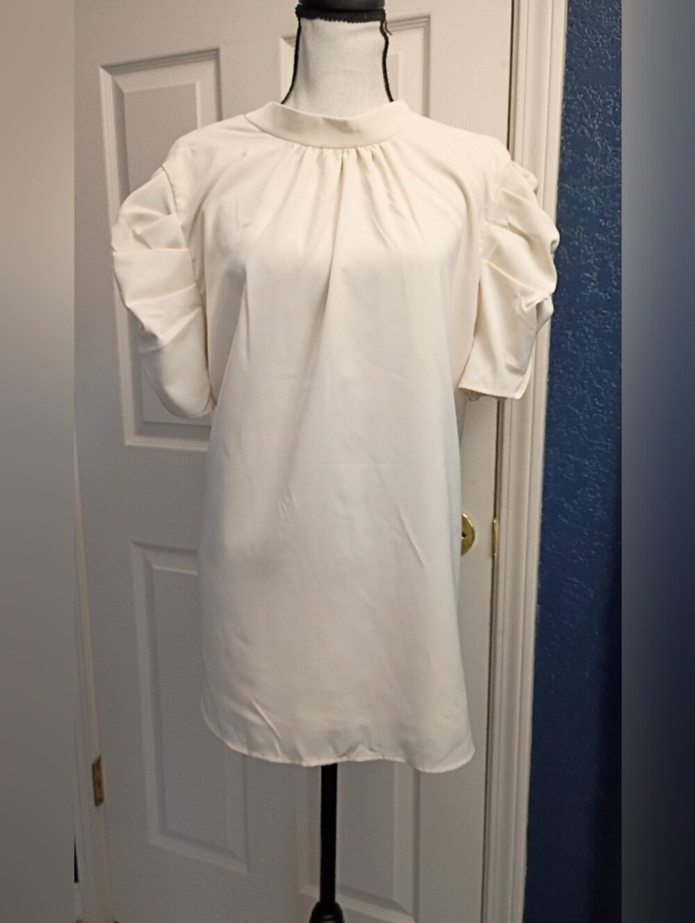 Women's Cream Short Sleeve Blouse Dress with Gathered Neck